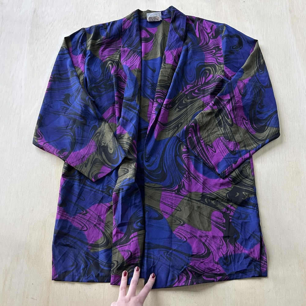 Vintage Jacques Vert Jacket Womens 8 Multicolor Satin Kimono Open Front Lined